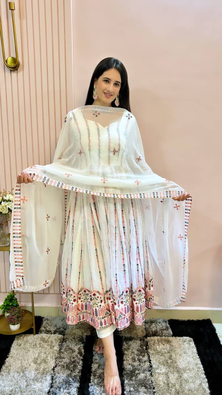 Designer White Gown with Heavy Sequence and Embroidery, Pant & Dupatta Set
