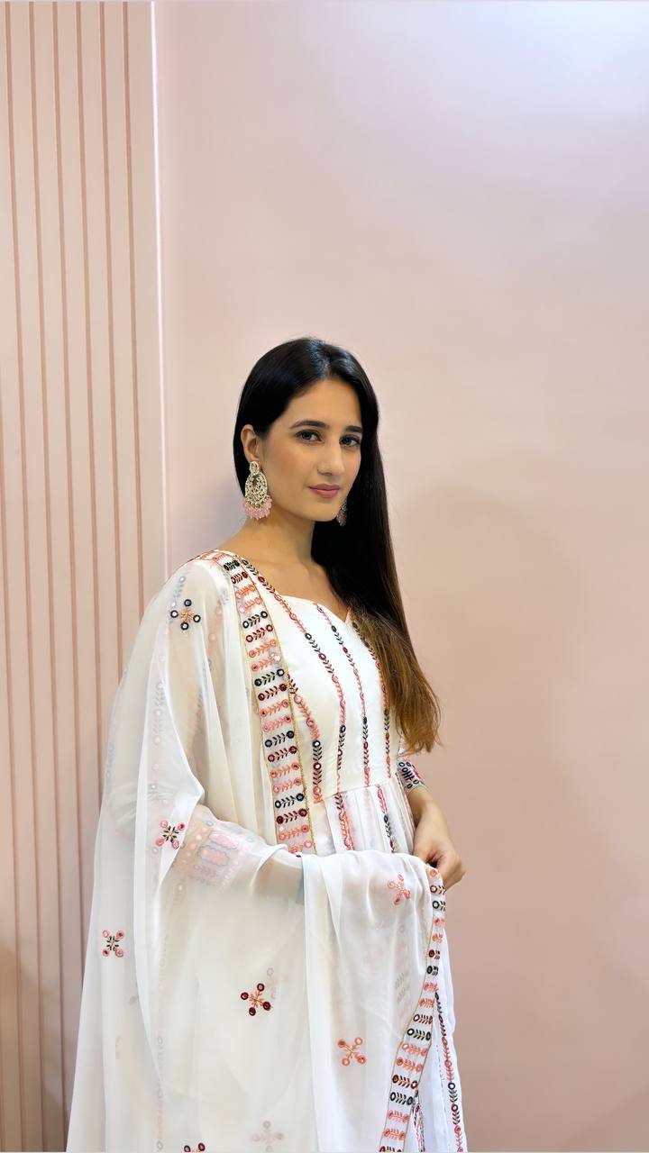 Designer White Gown with Heavy Sequence and Embroidery, Pant & Dupatta Set