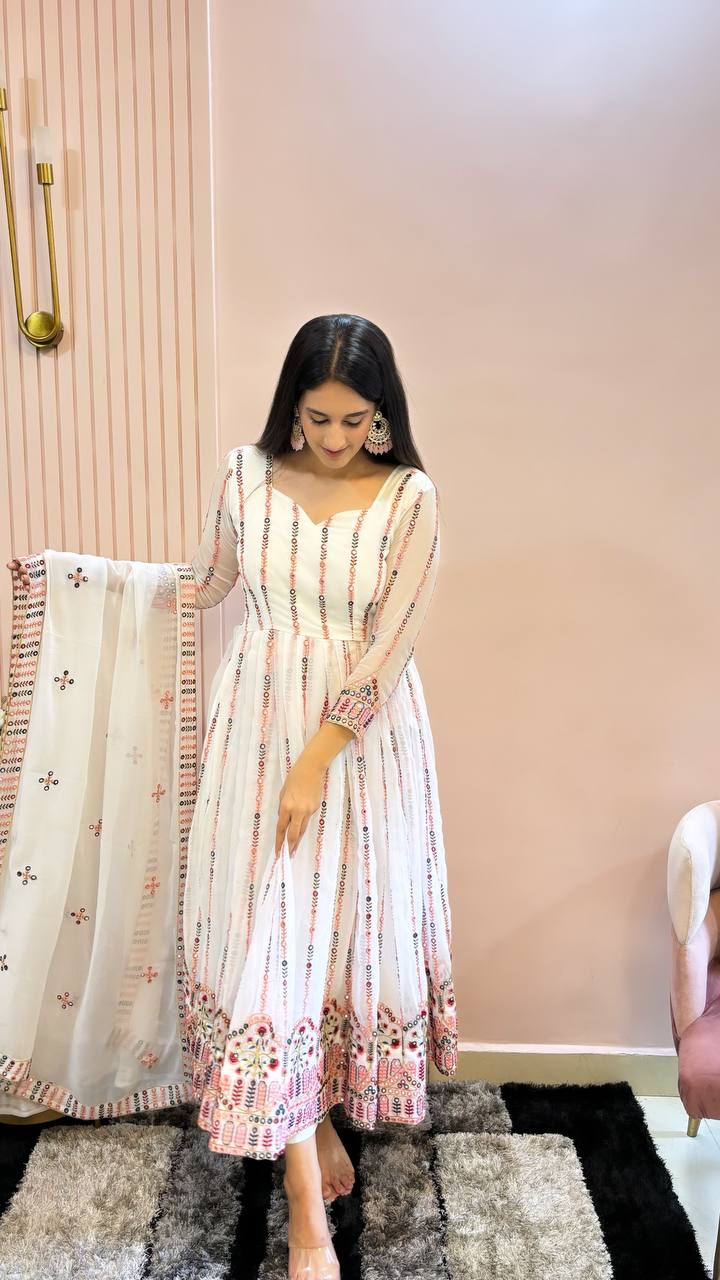Designer White Gown with Heavy Sequence and Embroidery, Pant & Dupatta Set
