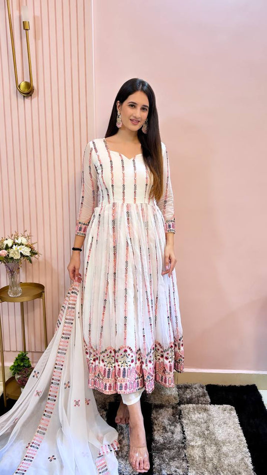 Designer White Gown with Heavy Sequence and Embroidery, Pant & Dupatta Set