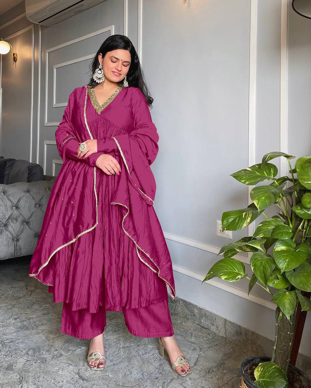Sublime Brown Color Pure Chinon Silk Embroidery Sharara Suit - Jaipur Blossom