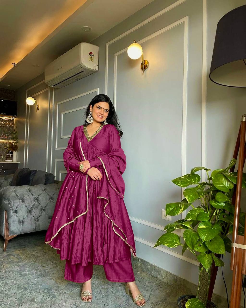 Sublime Brown Color Pure Chinon Silk Embroidery Sharara Suit - Jaipur Blossom