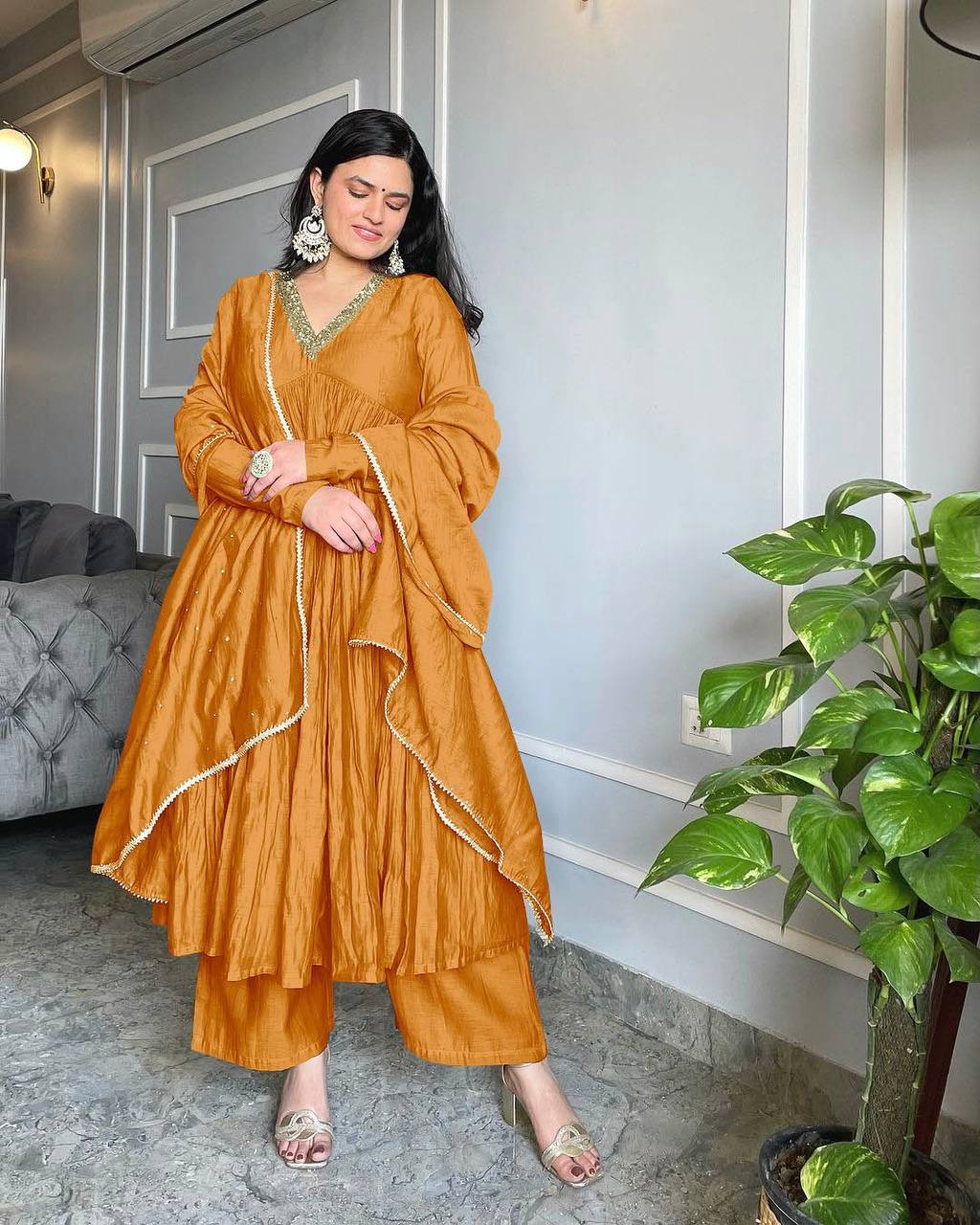 Sublime Brown Color Pure Chinon Silk Embroidery Sharara Suit - Jaipur Blossom