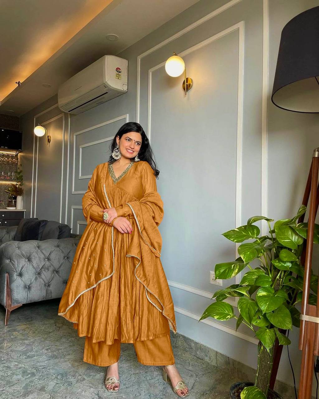 Sublime Brown Color Pure Chinon Silk Embroidery Sharara Suit - Jaipur Blossom