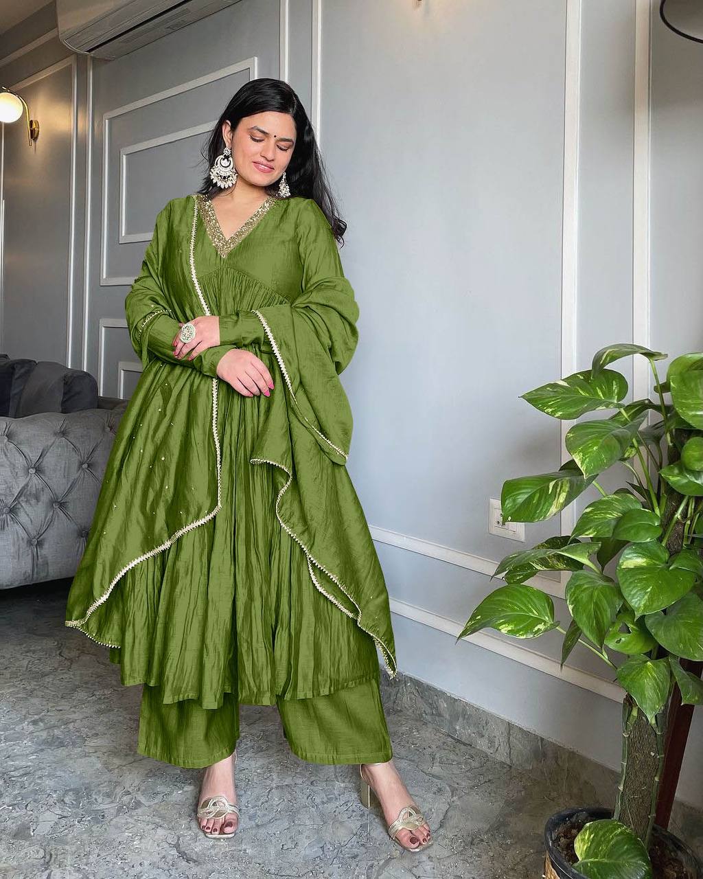 Sublime Brown Color Pure Chinon Silk Embroidery Sharara Suit - Jaipur Blossom