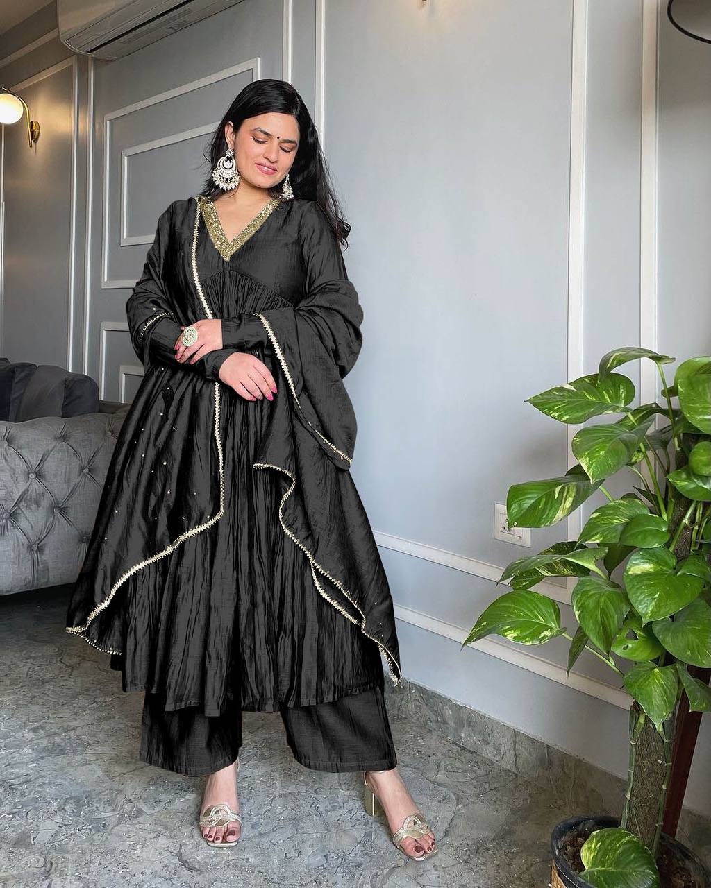 Sublime Brown Color Pure Chinon Silk Embroidery Sharara Suit - Jaipur Blossom