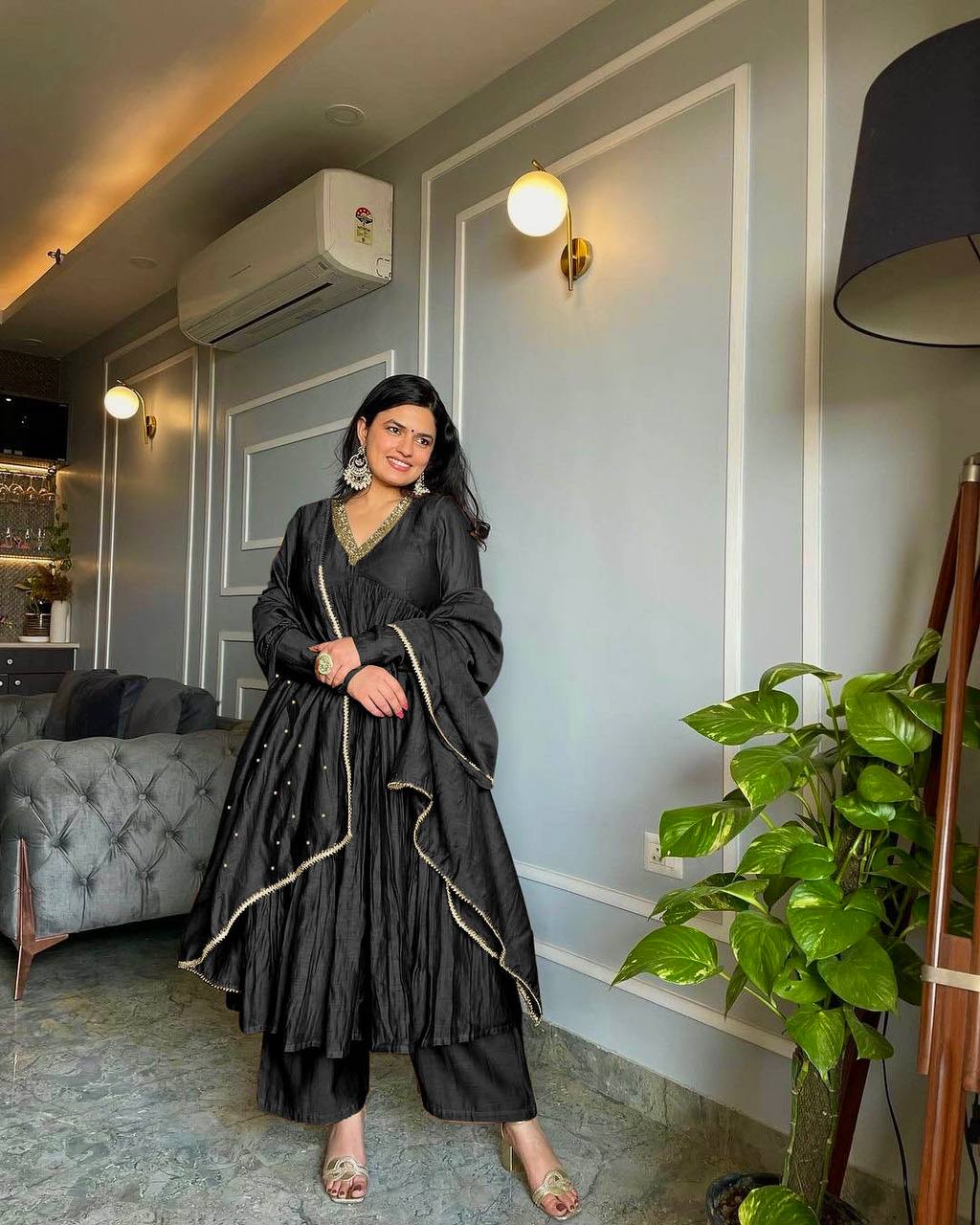 Sublime Brown Color Pure Chinon Silk Embroidery Sharara Suit - Jaipur Blossom