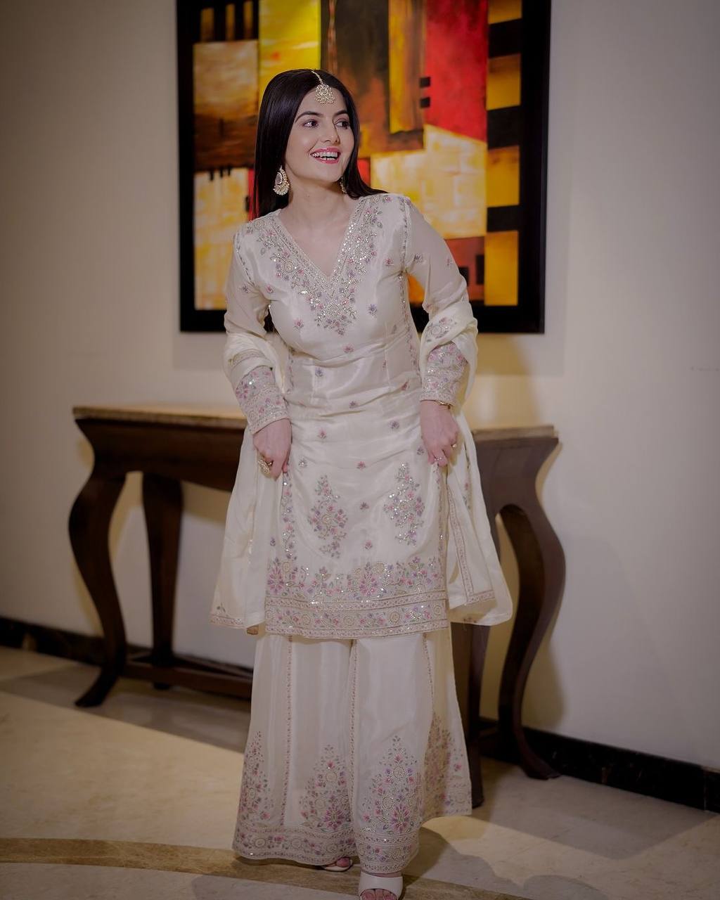 Fully Stitched Fancy Outfit – Embroidered & Sequined Top with Plazzo and Dupatta - Jaipur Blossom