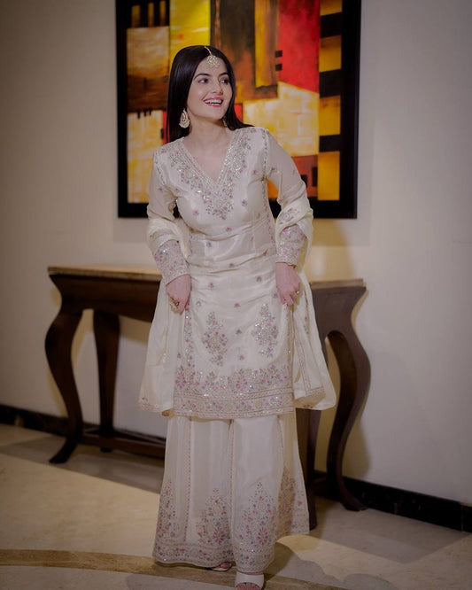 Fully Stitched Fancy Outfit – Embroidered & Sequined Top with Plazzo and Dupatta - Jaipur Blossom