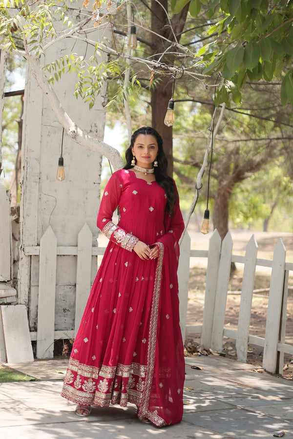 Wine and red Designer Long Gown Dress With Dupatta