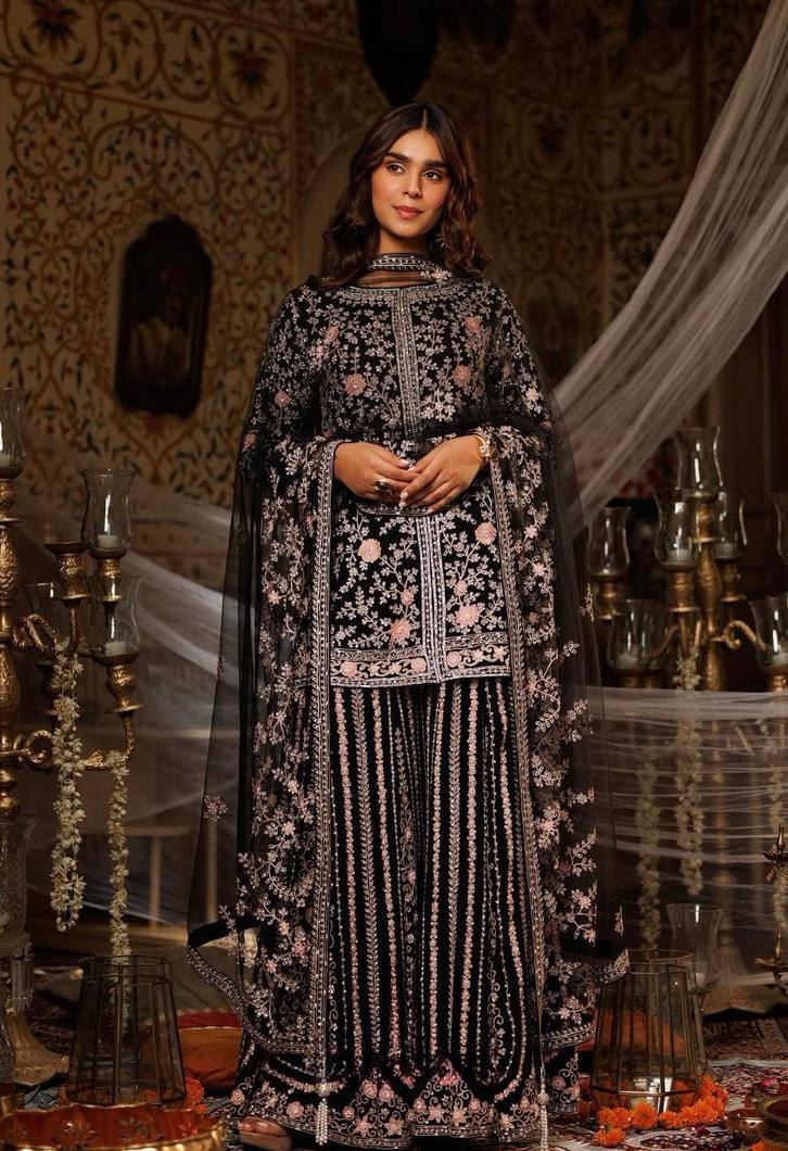 Exquisite Embroidered Top with 9K+ Stone Hand Work and Sarara Set with Fancy Dupatta - Jaipur Blossom