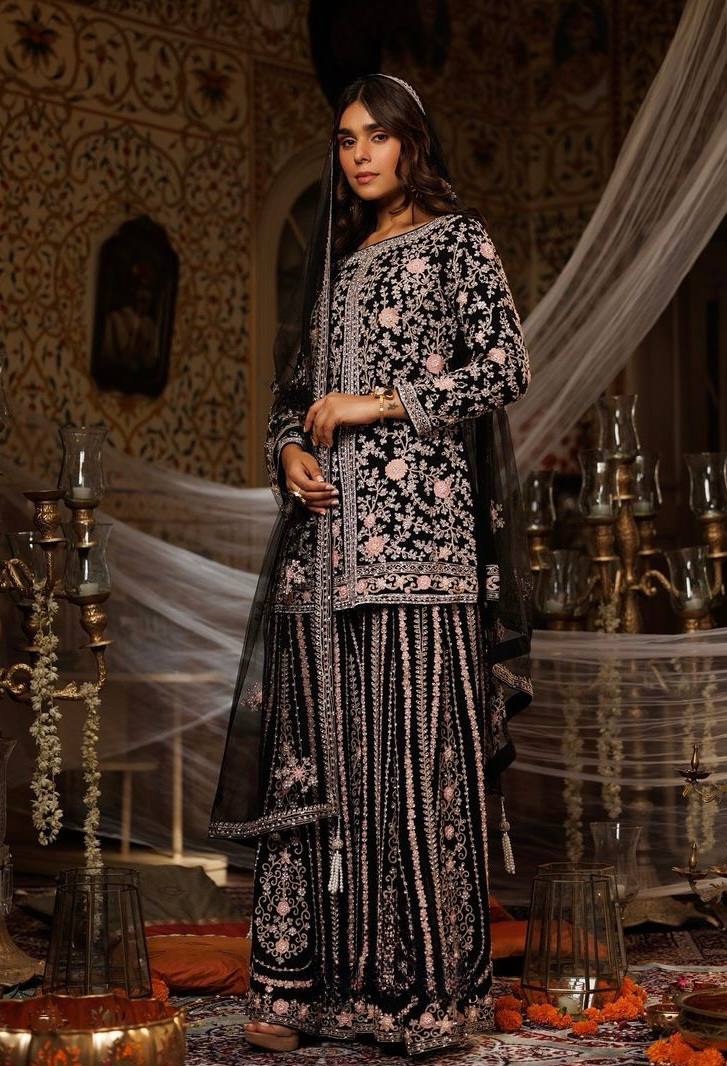 Exquisite Embroidered Top with 9K+ Stone Hand Work and Sarara Set with Fancy Dupatta - Jaipur Blossom