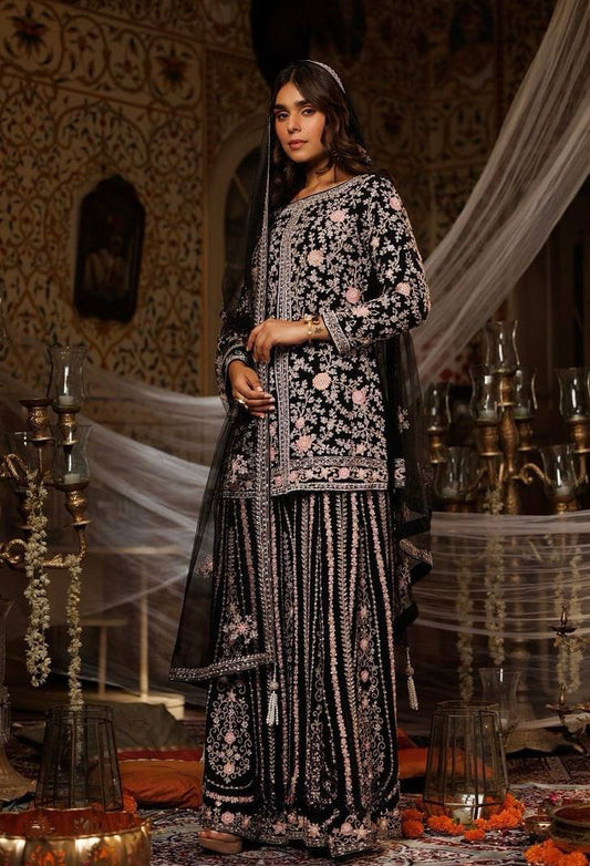 Exquisite Embroidered Top with 9K+ Stone Hand Work and Sarara Set with Fancy Dupatta - Jaipur Blossom