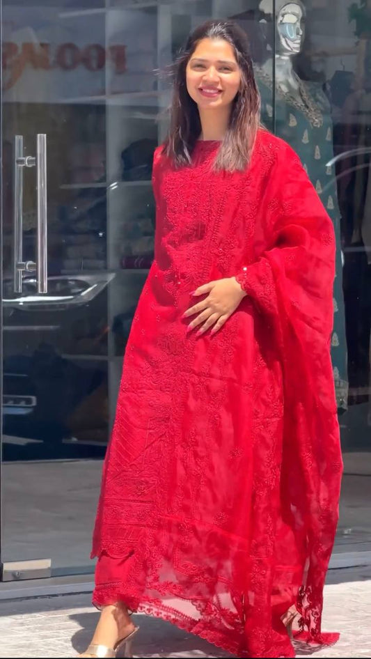 Red Faux Georgette Sequence Embroidery Work Salwar Suit - Jaipur Blossom