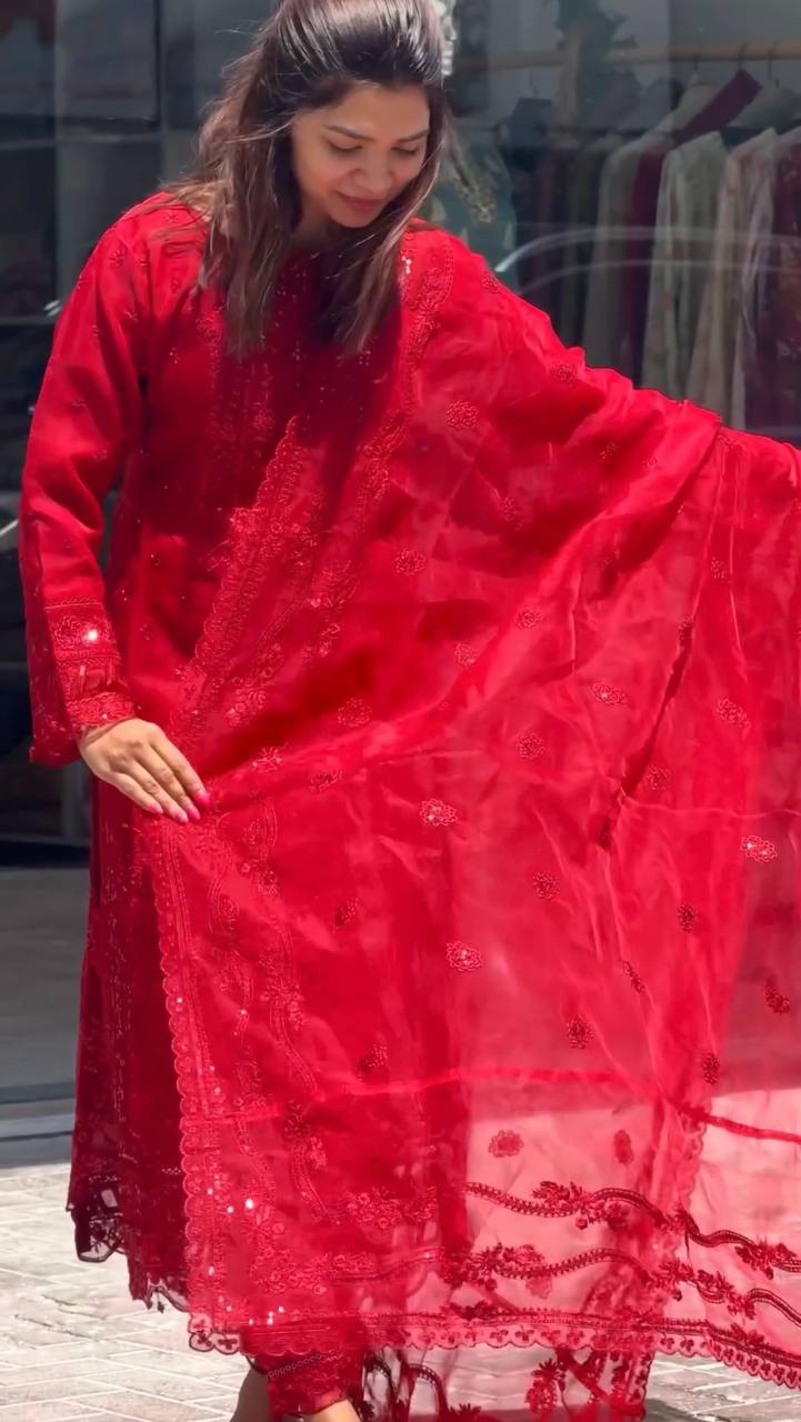 Red Faux Georgette Sequence Embroidery Work Salwar Suit - Jaipur Blossom