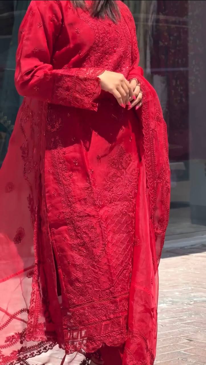 Red Faux Georgette Sequence Embroidery Work Salwar Suit - Jaipur Blossom
