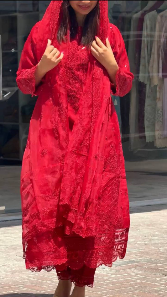 Red Faux Georgette Sequence Embroidery Work Salwar Suit - Jaipur Blossom