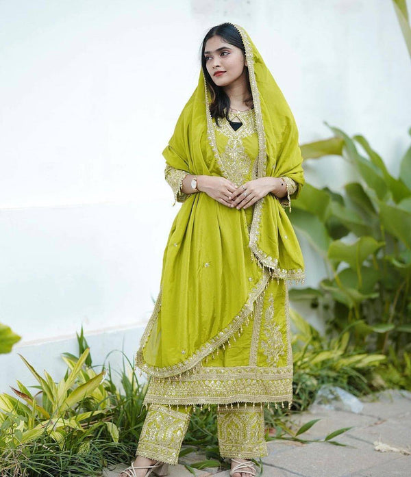 Women's Green Color Traditional Chinon Embroidered Stitched Kurta Palazzo Set With Embroidered Dupatta