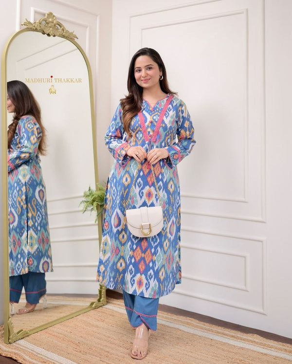 Blue Baroque Lace Cotton Kurta Set