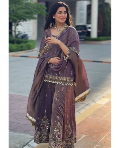 Georgette Purplish kurti bottom worked set with dupatta - Jaipur Blossom
