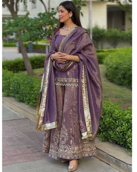 Georgette Purplish kurti bottom worked set with dupatta - Jaipur Blossom