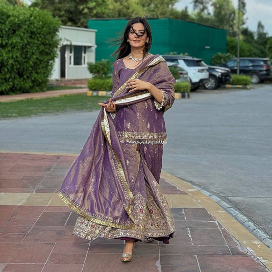 Georgette Purplish kurti bottom worked set with dupatta - Jaipur Blossom