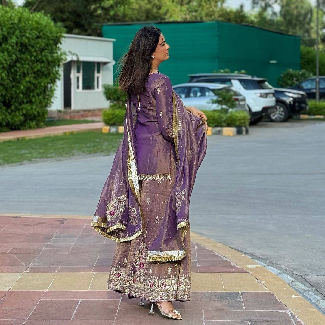 Georgette Purplish kurti bottom worked set with dupatta - Jaipur Blossom