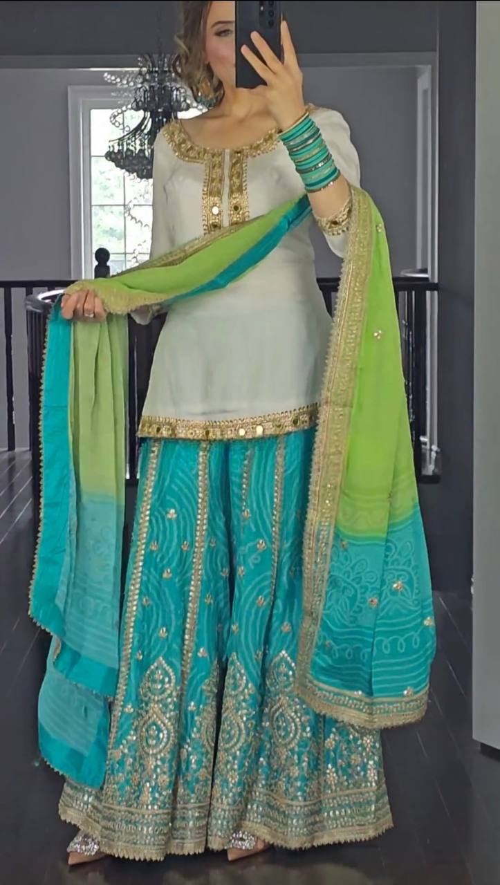 Summer Designer Faux Georgette Sharara Suit with 9mm Sequence and Digital Print