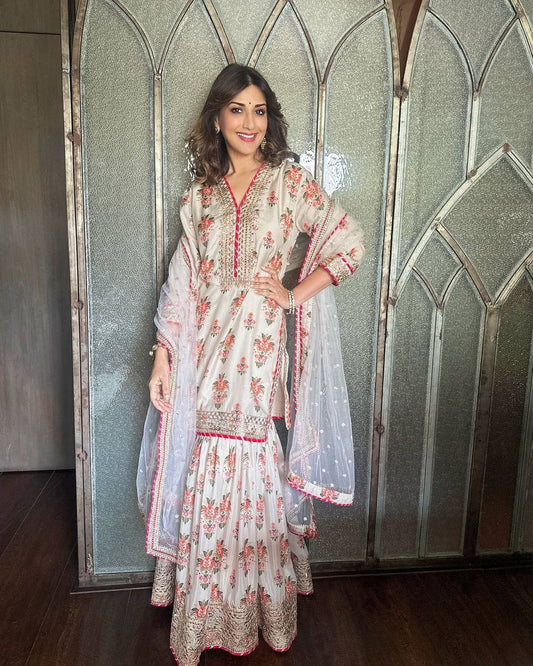 Premium Ready to Wear Chinon Silk Sharara Set with Embellished Dupatta - Jaipur Blossom