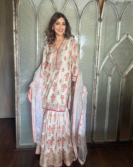 Premium Ready to Wear Chinon Silk Sharara Set with Embellished Dupatta - Jaipur Blossom