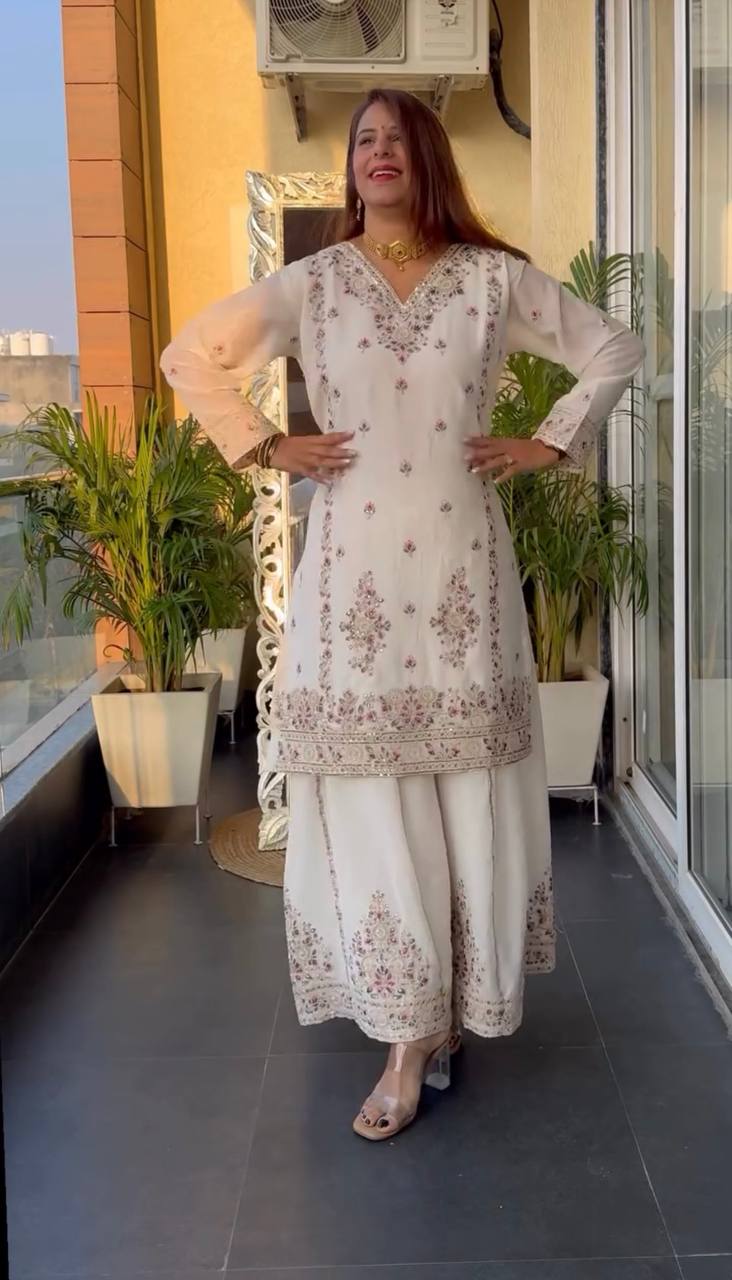 Pure Heavy Chinnon Silk Top and Plazzo Set with Full Sleeve Embroidery and Matching Dupatta