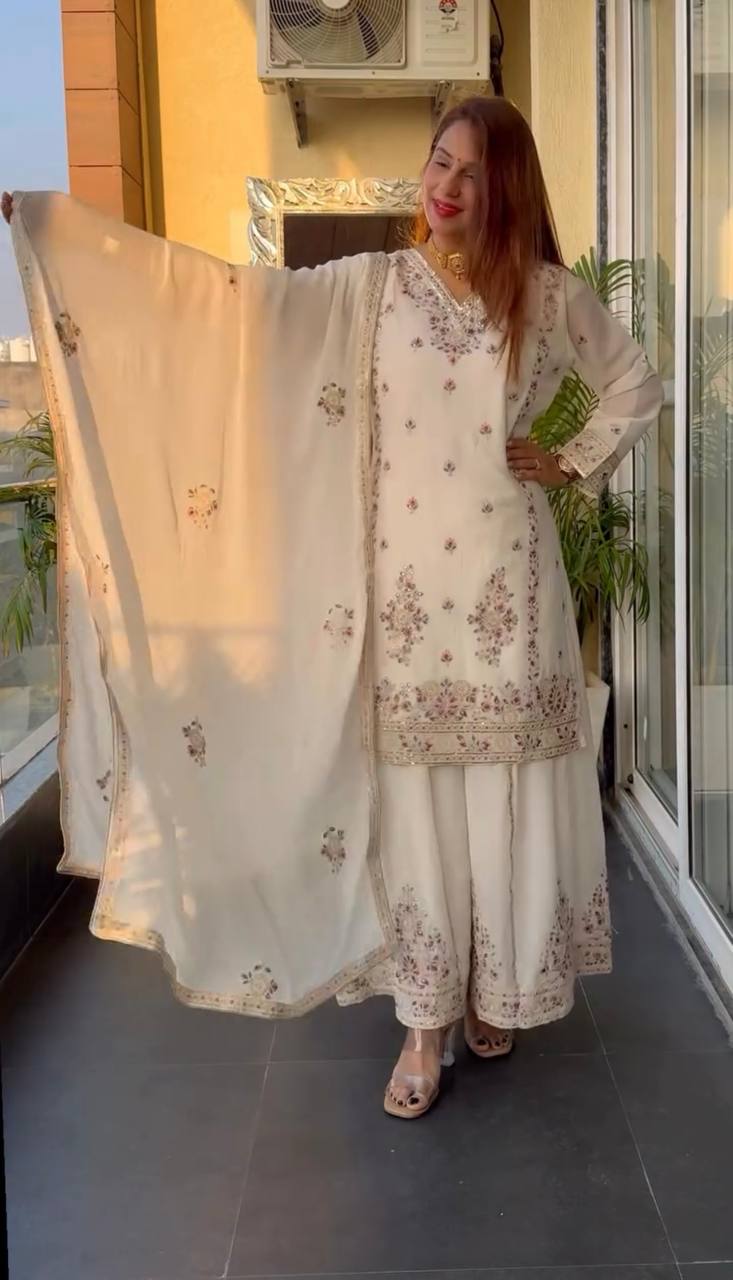 Pure Heavy Chinnon Silk Top and Plazzo Set with Full Sleeve Embroidery and Matching Dupatta