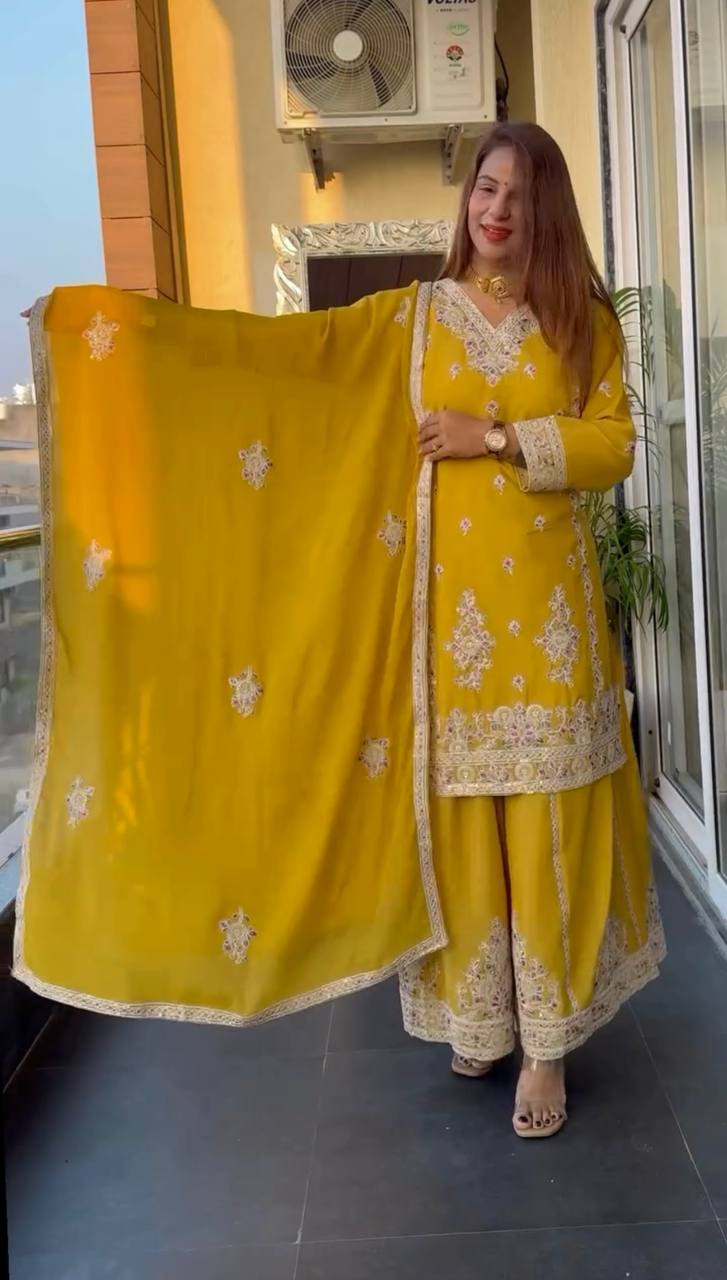 Pure Heavy Chinnon Silk Top and Plazzo Set with Full Sleeve Embroidery and Matching Dupatta