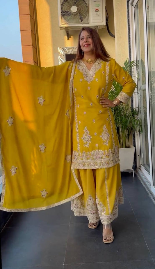 Pure Heavy Chinnon Silk Top and Plazzo Set with Full Sleeve Embroidery and Matching Dupatta