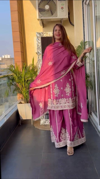 Pure Heavy Chinnon Silk Top and Plazzo Set with Full Sleeve Embroidery and Matching Dupatta