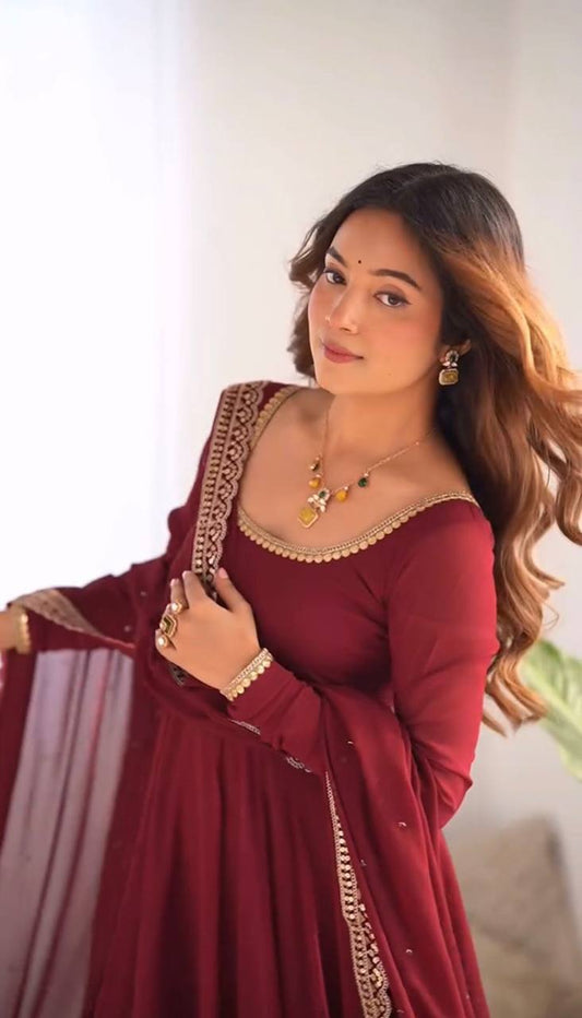 Party Wear Heavy Fox Georgette Gown and Pant Set with Detailed Embroidery and Full Sleeves