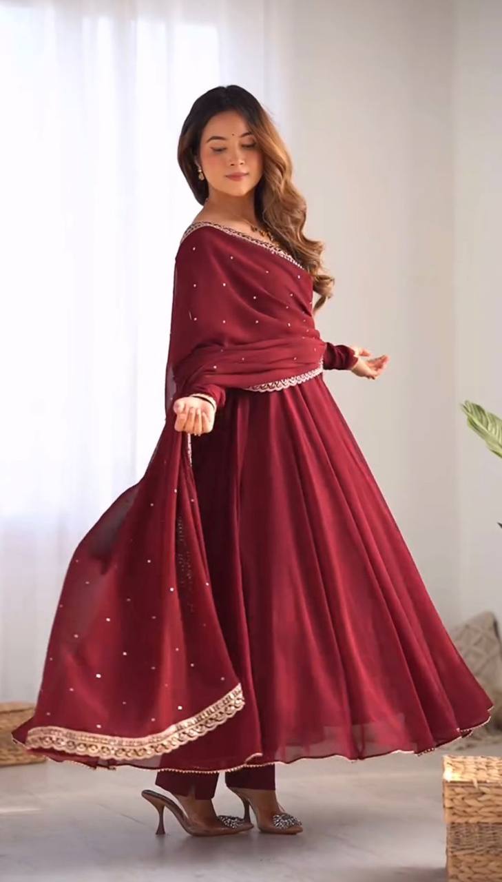 Party Wear Heavy Fox Georgette Gown and Pant Set with Detailed Embroidery and Full Sleeves