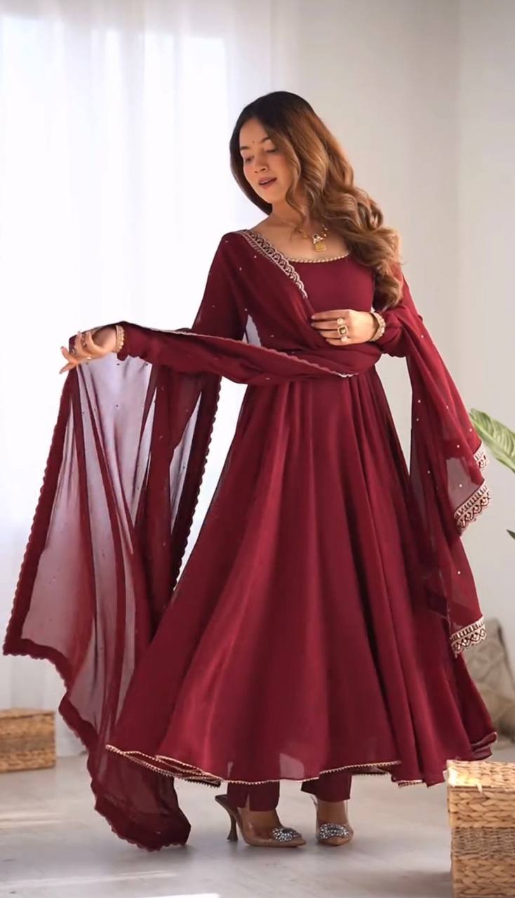 Party Wear Heavy Fox Georgette Gown and Pant Set with Detailed Embroidery and Full Sleeves