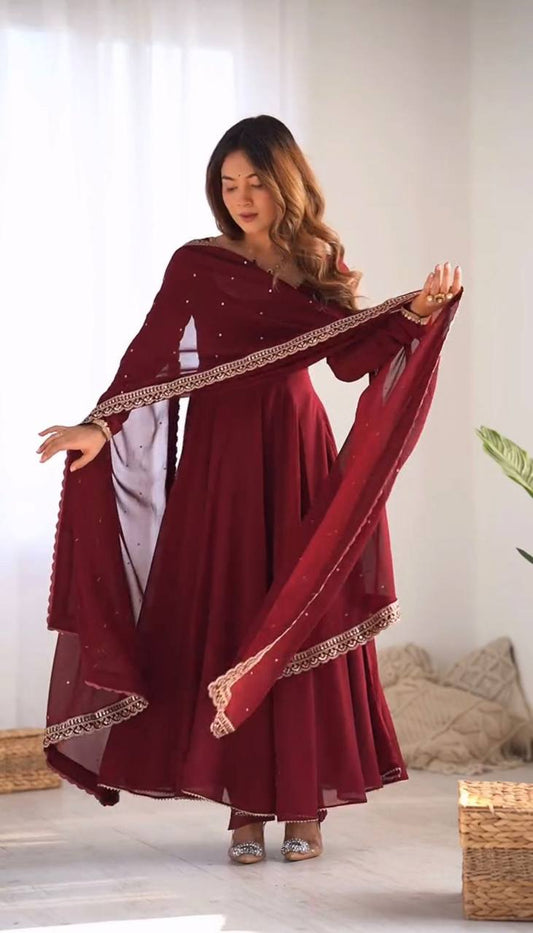 Party Wear Heavy Fox Georgette Gown and Pant Set with Detailed Embroidery and Full Sleeves