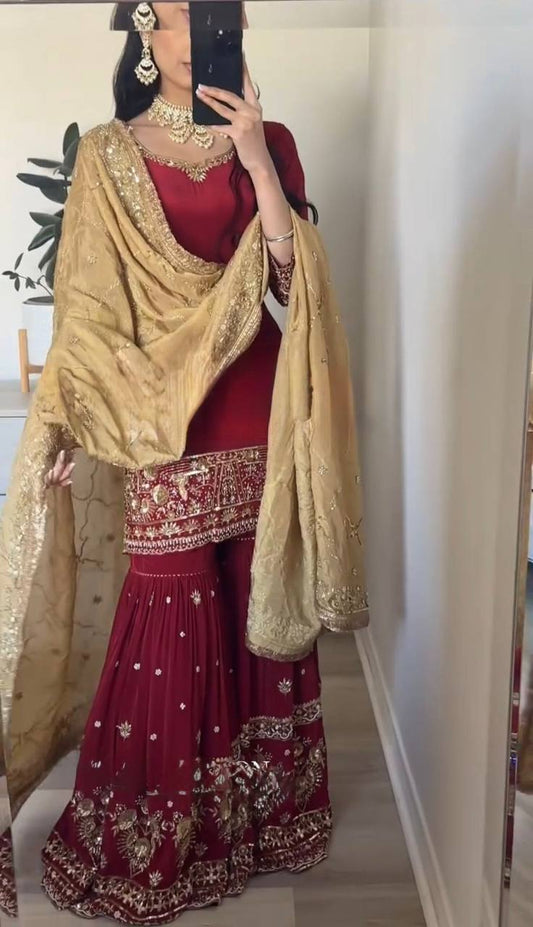 Festive Wear Fox Georgette Suit Set with Embroidery and Moti Lace Detailing