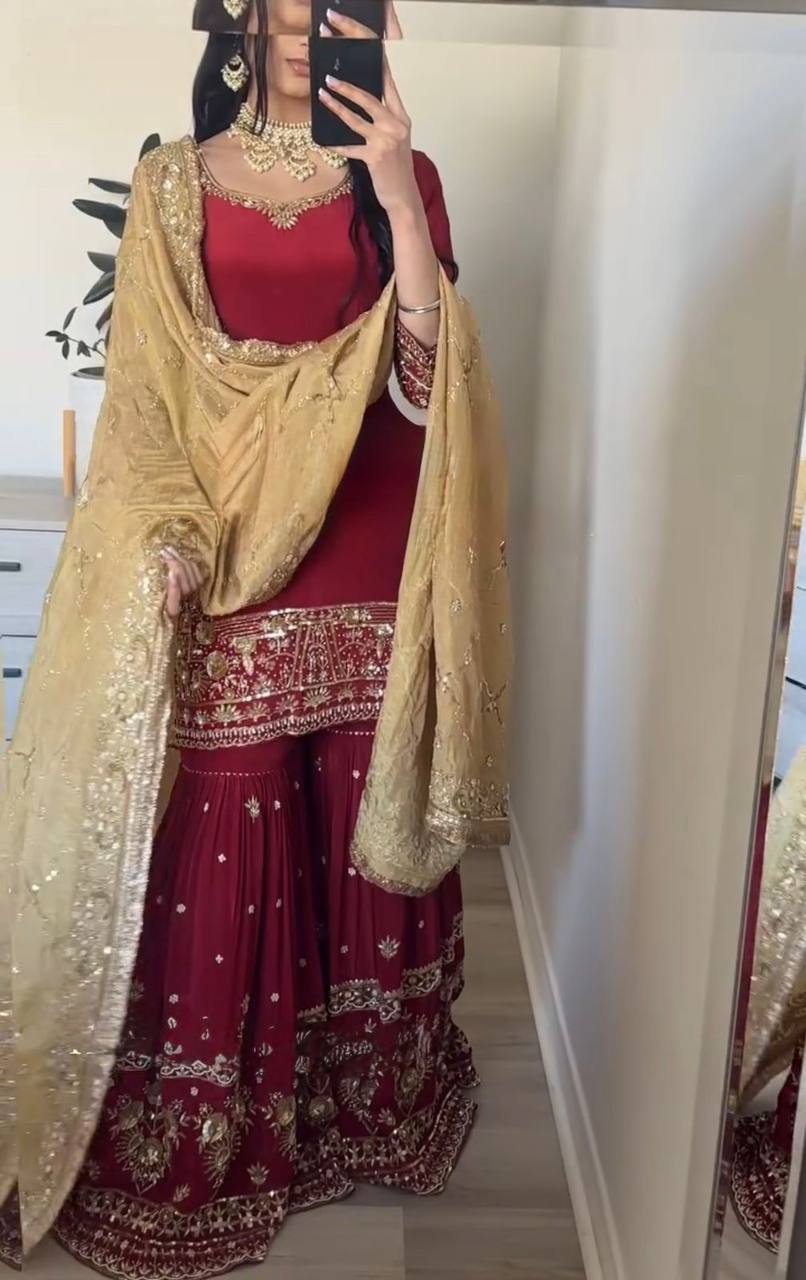 Festive Wear Fox Georgette Suit Set with Embroidery and Moti Lace Detailing