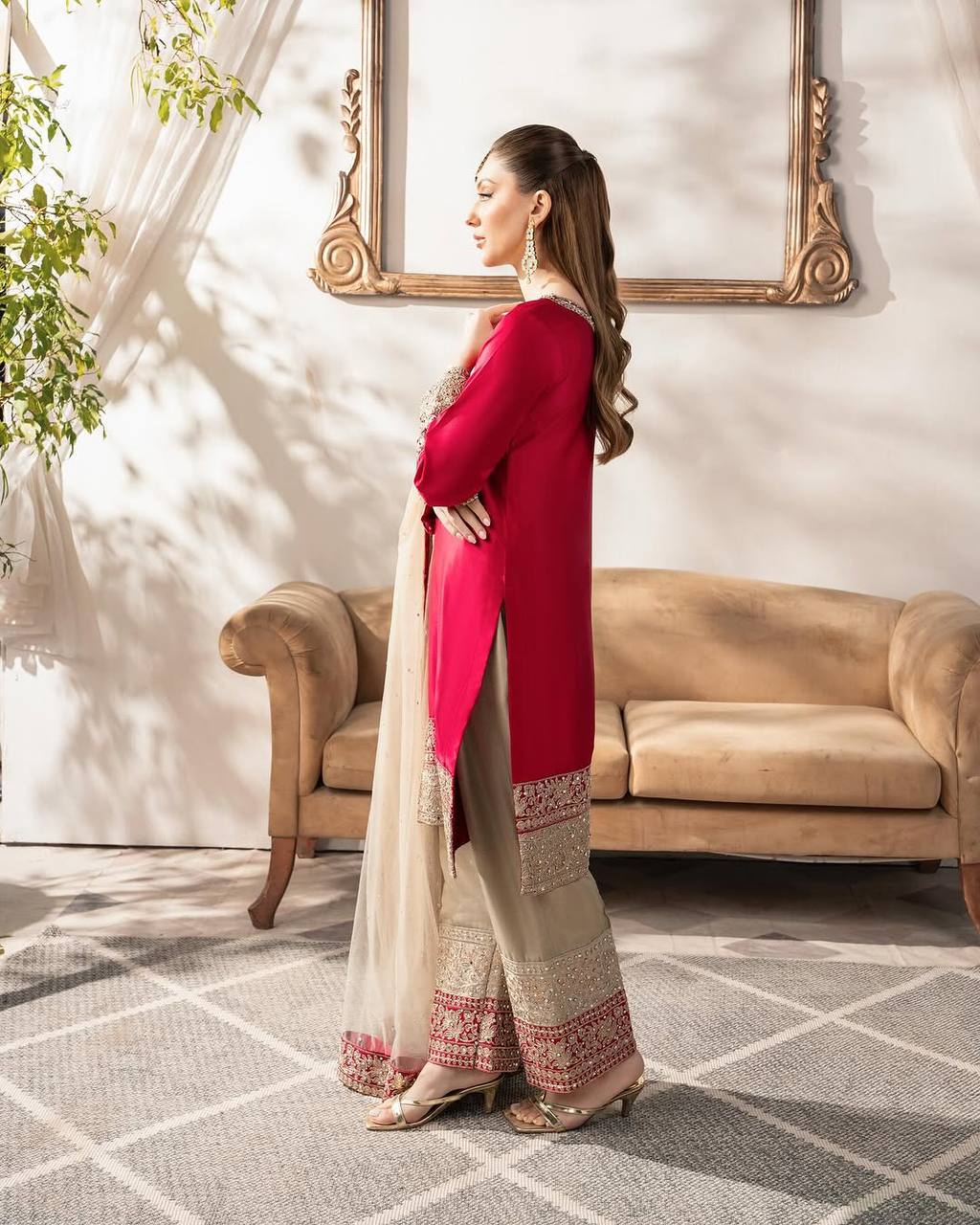 Heavy Malay Satin Silk Embroidered Top with Full Sleeves, Faux Georgette Pant, and Butterfly Net Dupatta Set