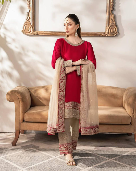 Heavy Malay Satin Silk Embroidered Top with Full Sleeves, Faux Georgette Pant, and Butterfly Net Dupatta Set