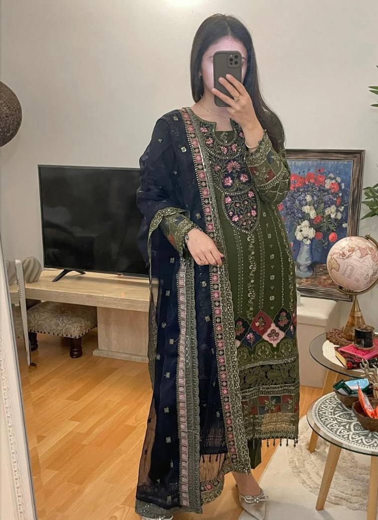 New Designer Kurti-Pant Set in Heavy Faux Georgette with Moti and Sequin Detailing