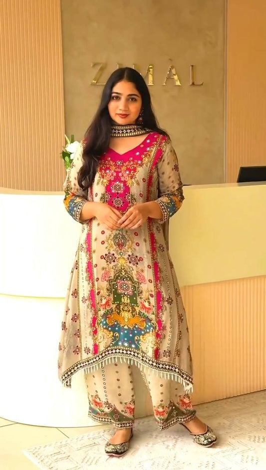 Trendy Ethnic Set Digital A-Line Kurta with Plazzo and Dupatta - Jaipur Blossom