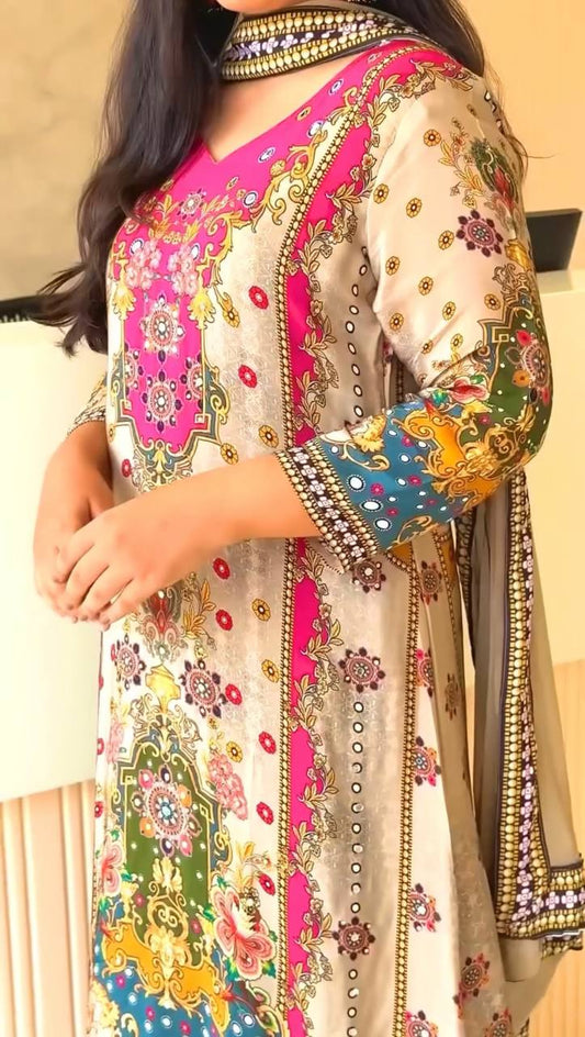 Trendy Ethnic Set Digital A-Line Kurta with Plazzo and Dupatta - Jaipur Blossom