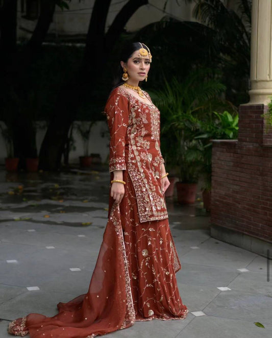 Party Ready Fox Georgette Embroidered Top Plazzo and Fancy Dupatta