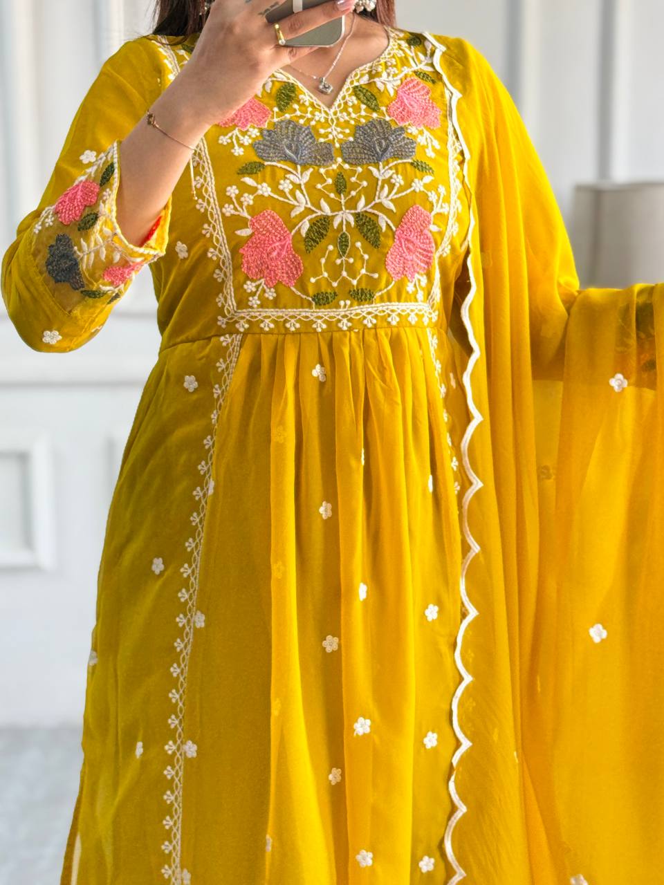 Stylish Party Wear Ensemble with Heavy Faux Georgette Top, Pant, and Embroidered Fancy Dupatta