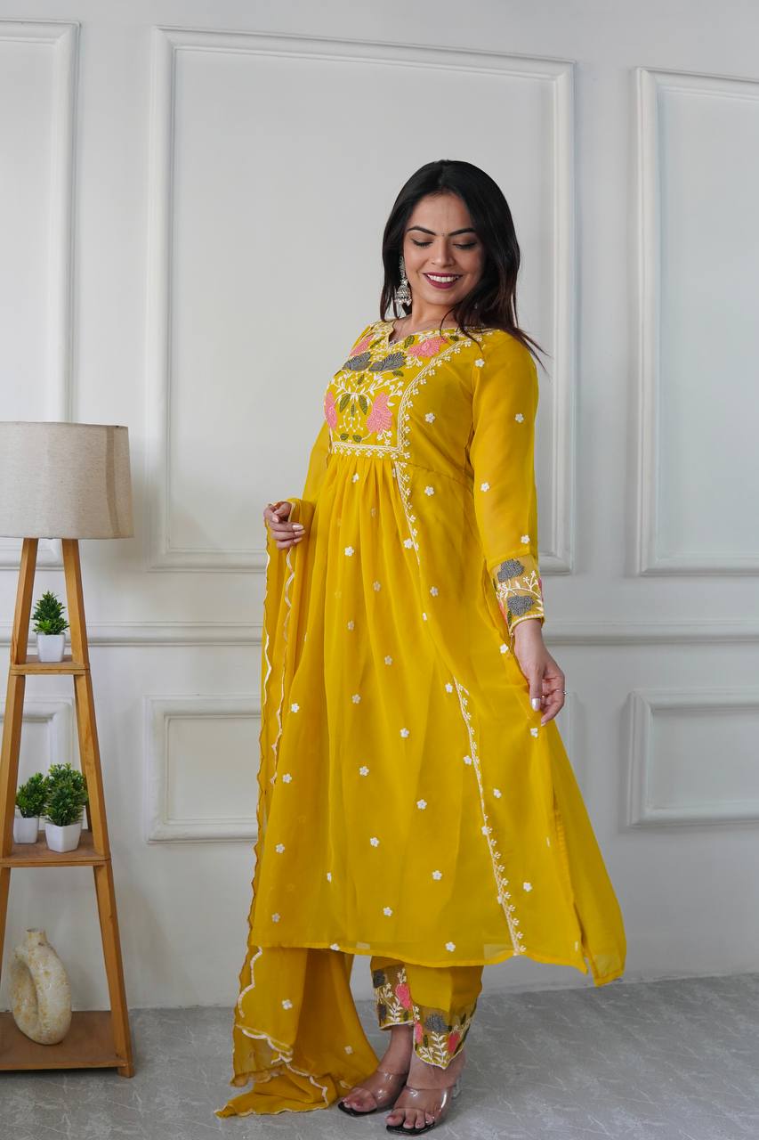 Stylish Party Wear Ensemble with Heavy Faux Georgette Top, Pant, and Embroidered Fancy Dupatta