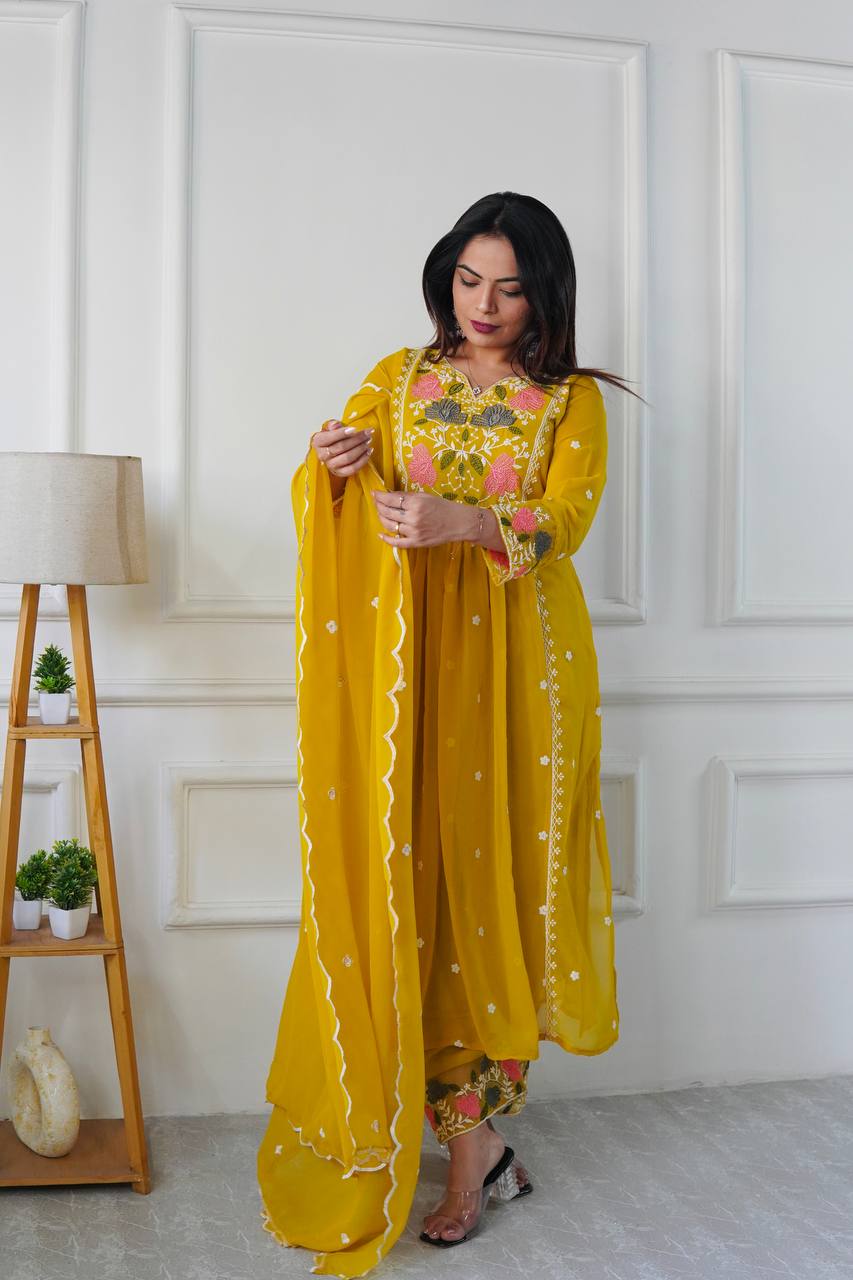 Stylish Party Wear Ensemble with Heavy Faux Georgette Top, Pant, and Embroidered Fancy Dupatta